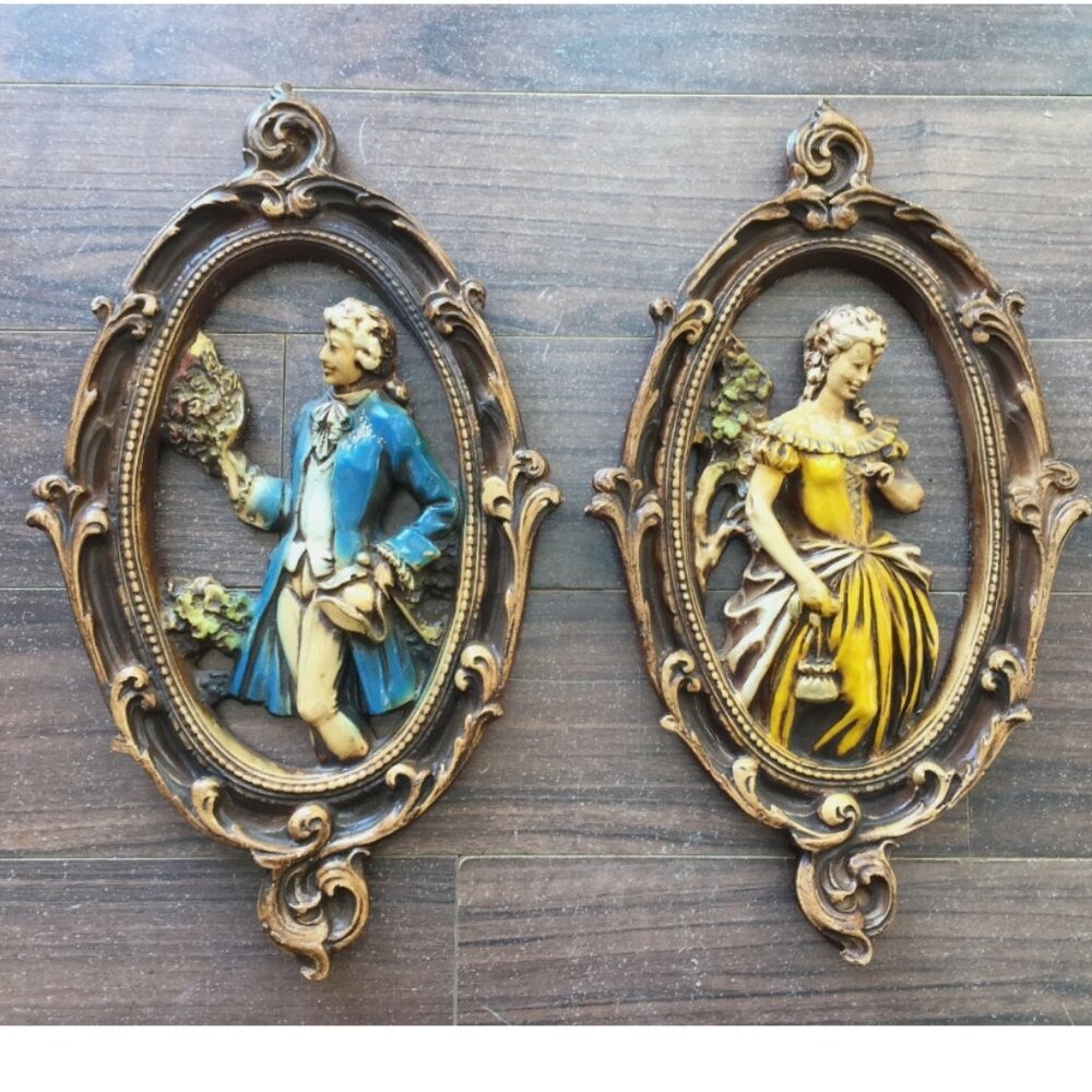 Vtg Wall Plaque Victorian Gentleman and Lady Resin Relief Baroque Rococo 16"